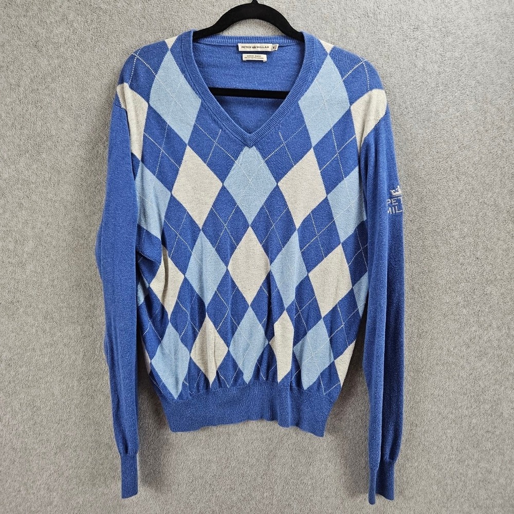 PETER MILLAR | Mens Blue Argyle V-Neck Sweater Cotton Cashmere Blend Sz M